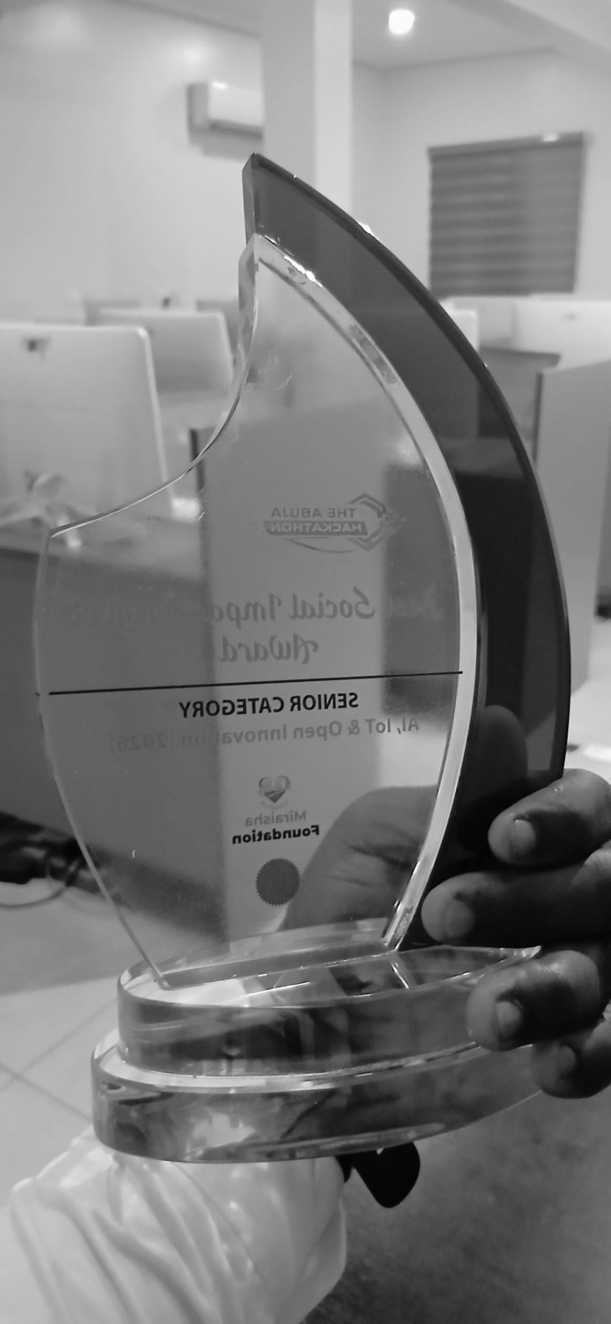 The Abuja Hackathon Social Impact Award trophy, Senior Category — AI, IoT & Open Innovation